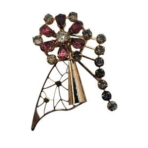 Vintage Rhinestone Flower Brooch Dangle Spray Pink Smoky Gray